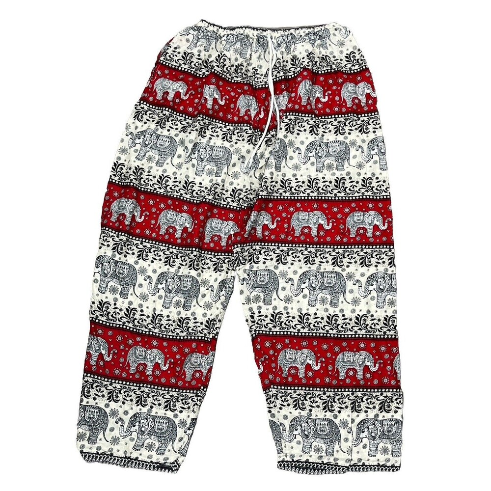 Elephant Harem Pants Pocket High Waist Pull On Drawstring Red Medium Hippie Boho